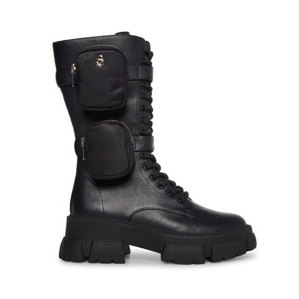 Steve Madden Thorpe Black Pouch Combat Lug Sole Moto Boots Sz 8.5 US / 39 EU